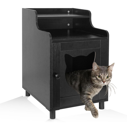 DOUSY- Small Wooden Cat Litter Box Enclosure, Hidden Litter Box Furniture Enclosed Cat Washroom Storage Cabinet, Side Table, Nightstand, Indoor Pet House 15.8 x 15.8 x 24 Inches, Black