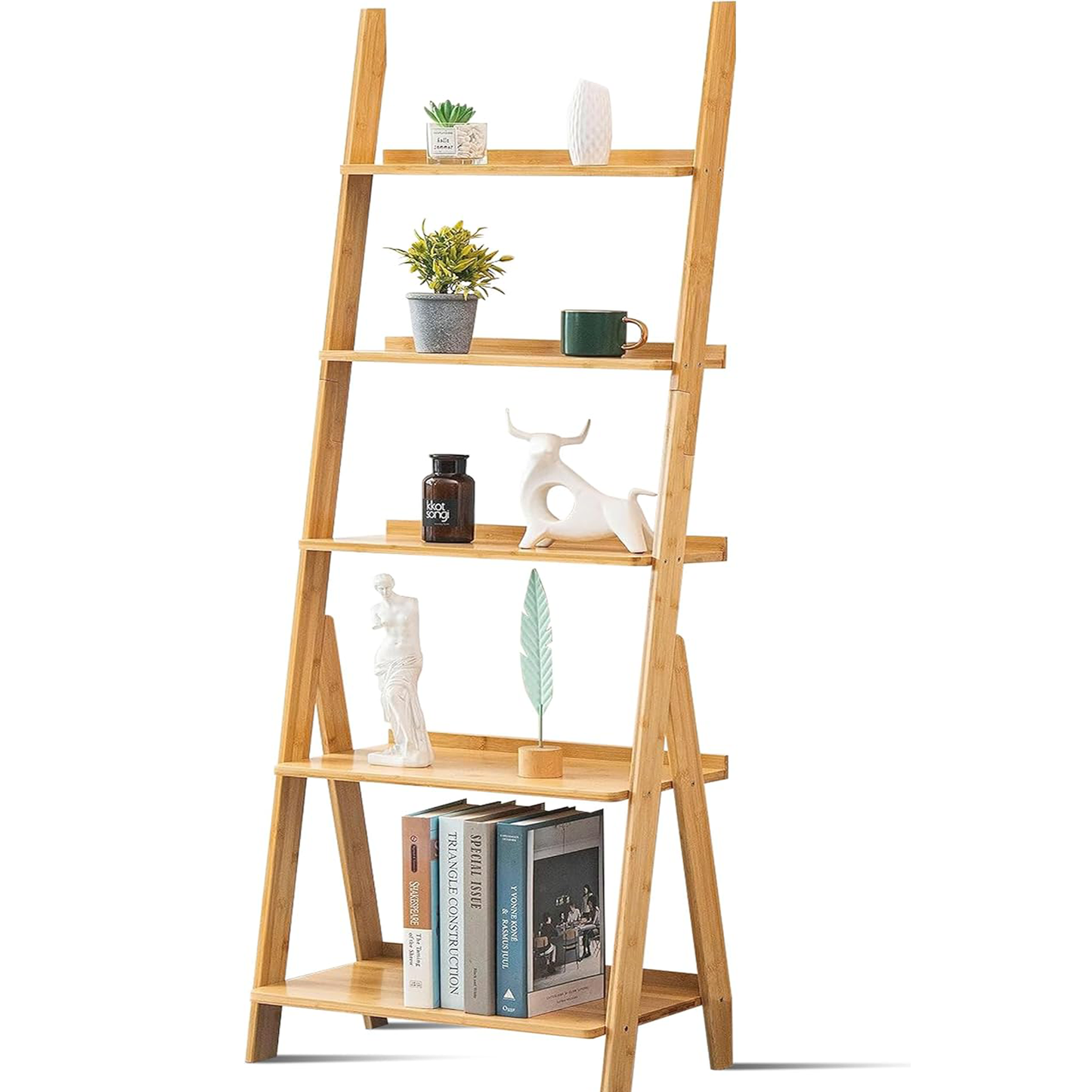 5-Tier Bamboo Ladder Shelf Ladder Bookshelf Plant & Flower Stand Bookcase, Freestanding Storage Rack Organizer Display Shelf for Living Room, Home Office, Bedroom, Balcony, Natural Wood