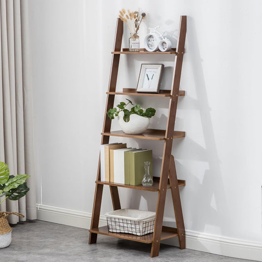 5-Tier Ladder Shelf Bookcase, Bamboo Ladder Bookshelf Leaning Bookshelf, Freestanding Storage Shelf Boho Bookshelf for Living Room, Home Office, Bedroom, Balcony, Walnut