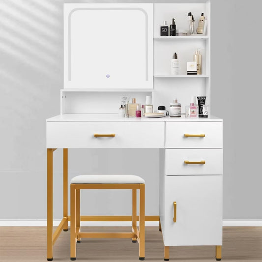 Makeup Vanity Desk with Mirror & Lights, Vanity Table Set with Storage Drawers, Shelves, Cabinet & Stool, Bedroom Dressing Table with 3 Color Light Adjustable, White