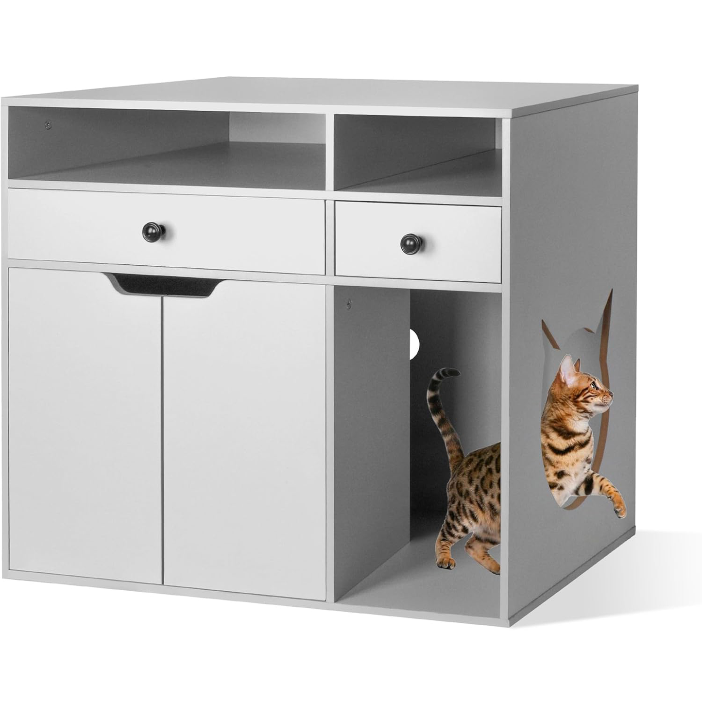 Wooden Cat Litter Box Enclosure, Hidden Litter Box Furniture Enclosed Cat Washroom Storage Cabinet with Storage Drawers, Open Compartments, Air Vents, for Living Room, Bedroom, Grey