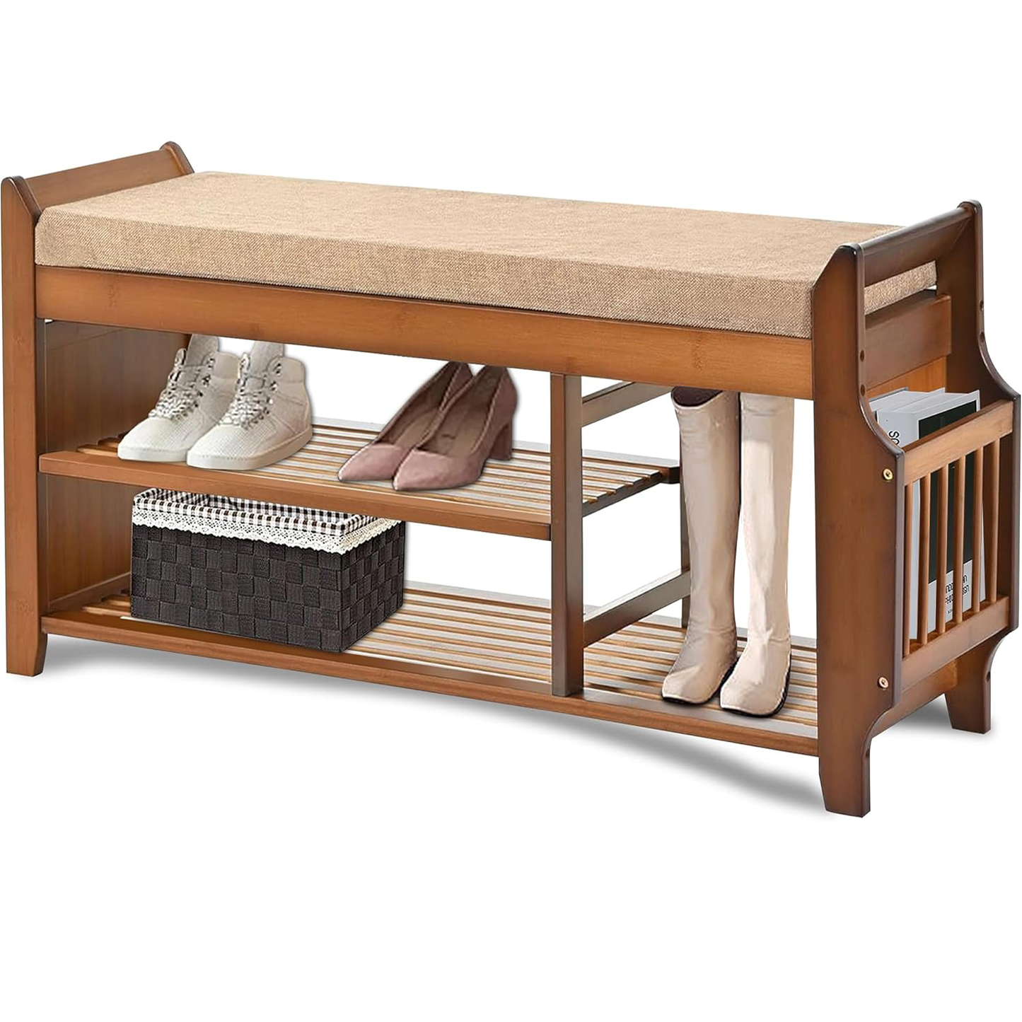 Shoe Storage Bench for Entryway, Bamboo Entryway Bench with Hidden Drawer and Side Brackets,2-Tier Shoe Rack Organizer for Entryway, Hallway,Bedroom and Bathroom