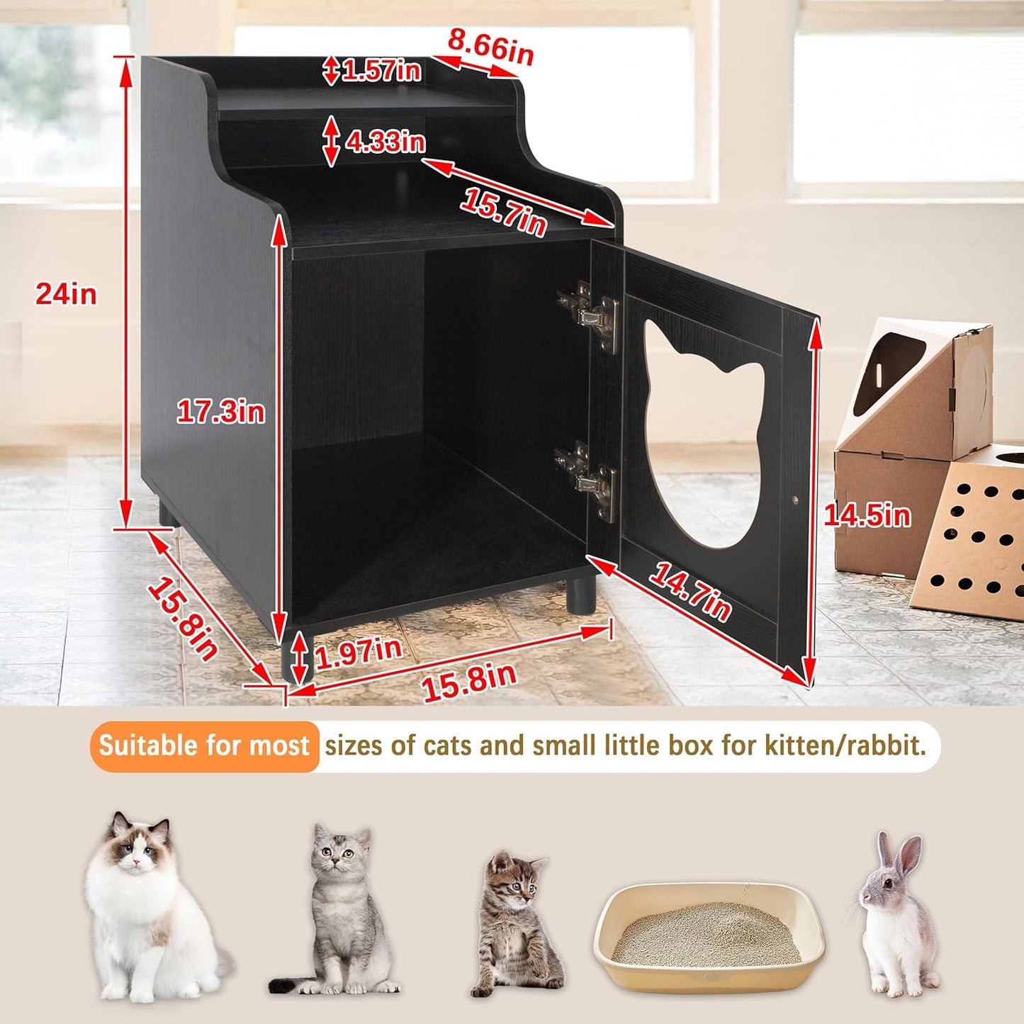 DOUSY- Small Wooden Cat Litter Box Enclosure, Hidden Litter Box Furniture Enclosed Cat Washroom Storage Cabinet, Side Table, Nightstand, Indoor Pet House 15.8 x 15.8 x 24 Inches, Black