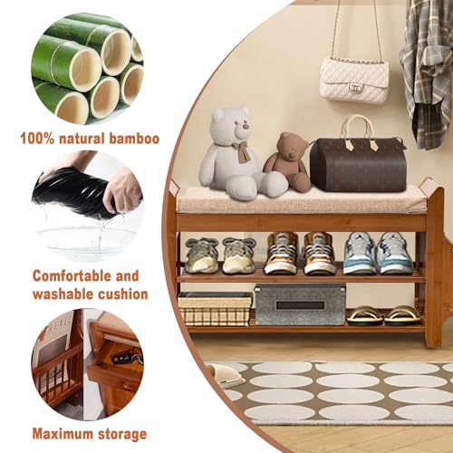 Shoe Storage Bench for Entryway, Bamboo Entryway Bench with Hidden Drawer and Side Brackets,2-Tier Shoe Rack Organizer for Entryway, Hallway,Bedroom and Bathroom…