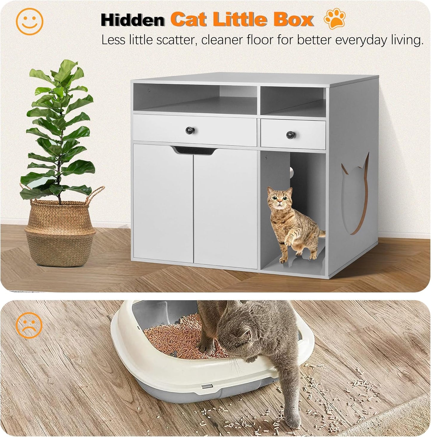 Wooden Cat Litter Box Enclosure, Hidden Litter Box Furniture Enclosed Cat Washroom Storage Cabinet with Storage Drawers, Open Compartments, Air Vents, for Living Room, Bedroom, Grey