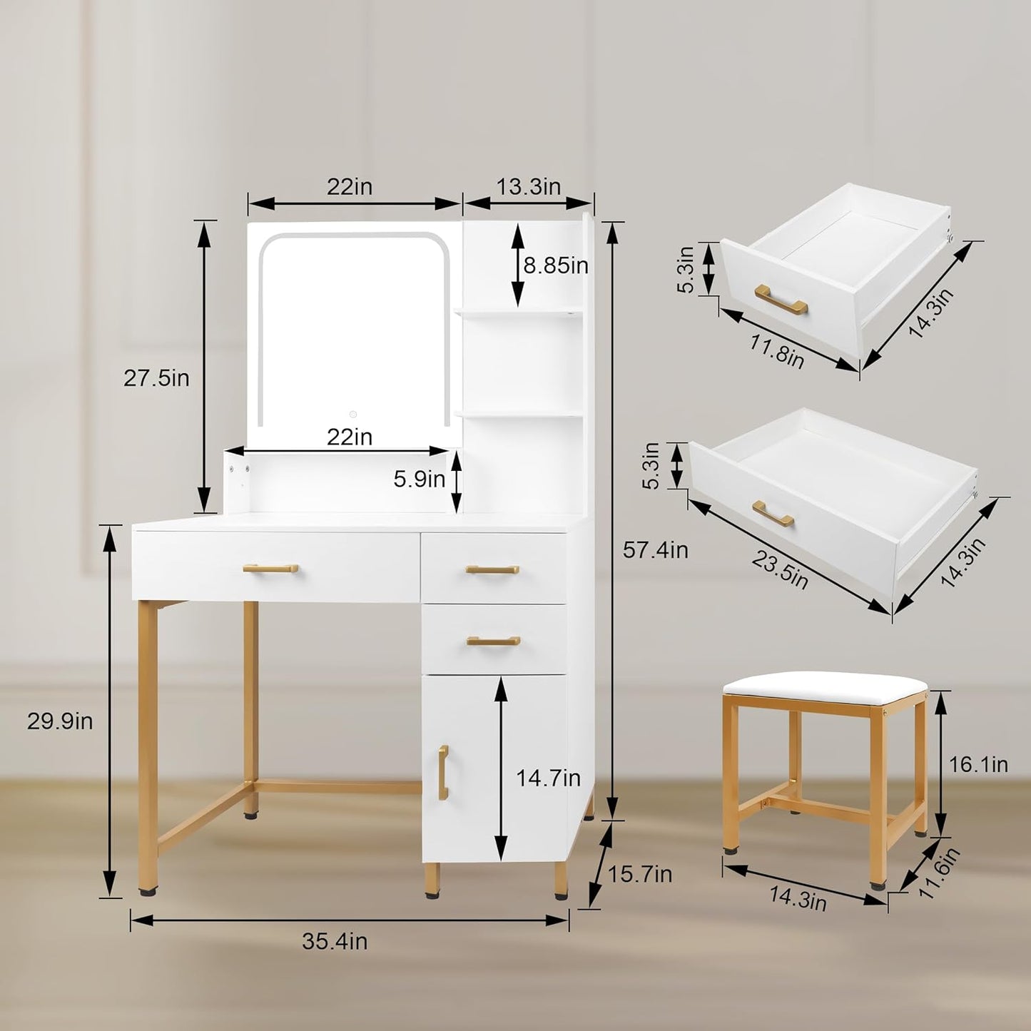 Makeup Vanity Desk with Mirror & Lights, Vanity Table Set with Storage Drawers, Shelves, Cabinet & Stool, Bedroom Dressing Table with 3 Color Light Adjustable, White