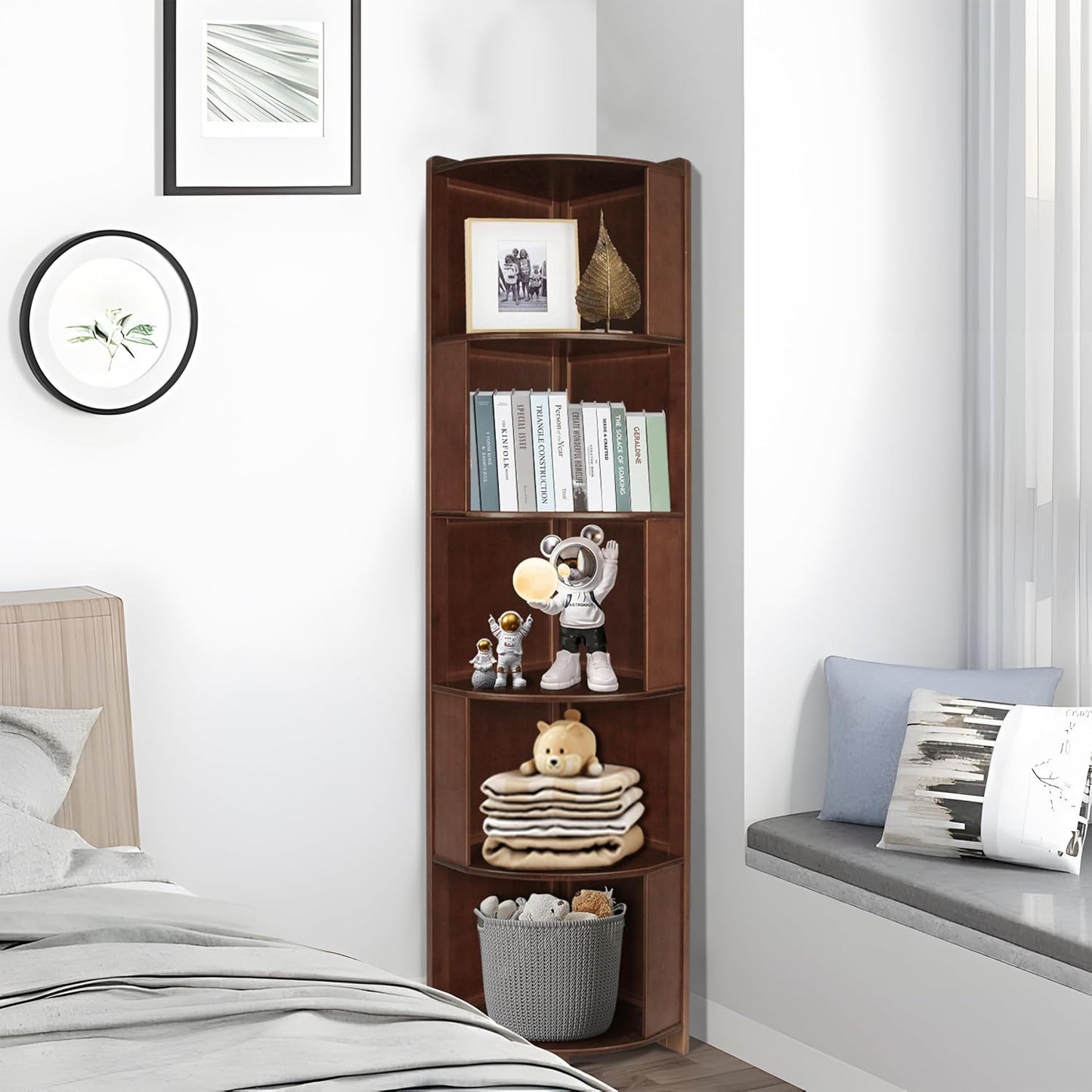 5 Tier Bamboo Corner Shelf, Modern Corner Bookshelf, 69" Tall Stylish Book Case Display Rack Plant Stand for Living Room, Bedroom, Home Office, Kitchen, Walnut