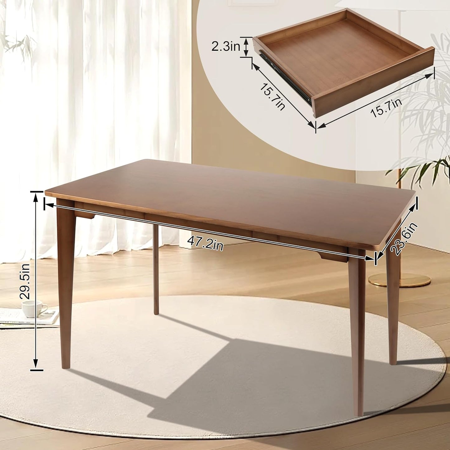 47" Bamboo Multipurpose Study Writing Desk with Drawer, Modern Simple Computer & Laptop Table Dining Table for Bedroom, Living Room, Home and Office, Kitchen，Walnut