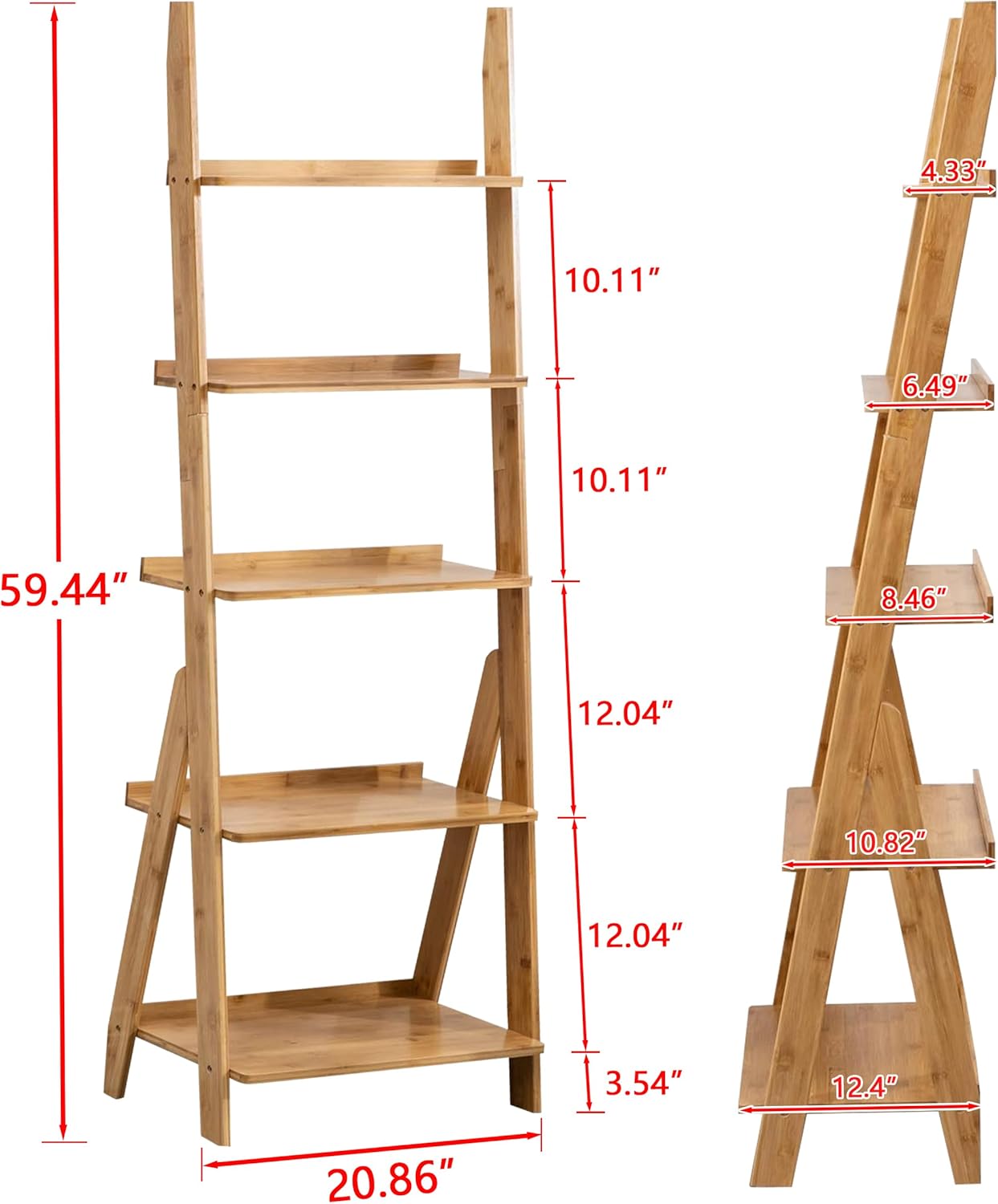 5-Tier Bamboo Ladder Shelf Ladder Bookshelf Plant & Flower Stand Bookcase, Freestanding Storage Rack Organizer Display Shelf for Living Room, Home Office, Bedroom, Balcony, Natural Wood