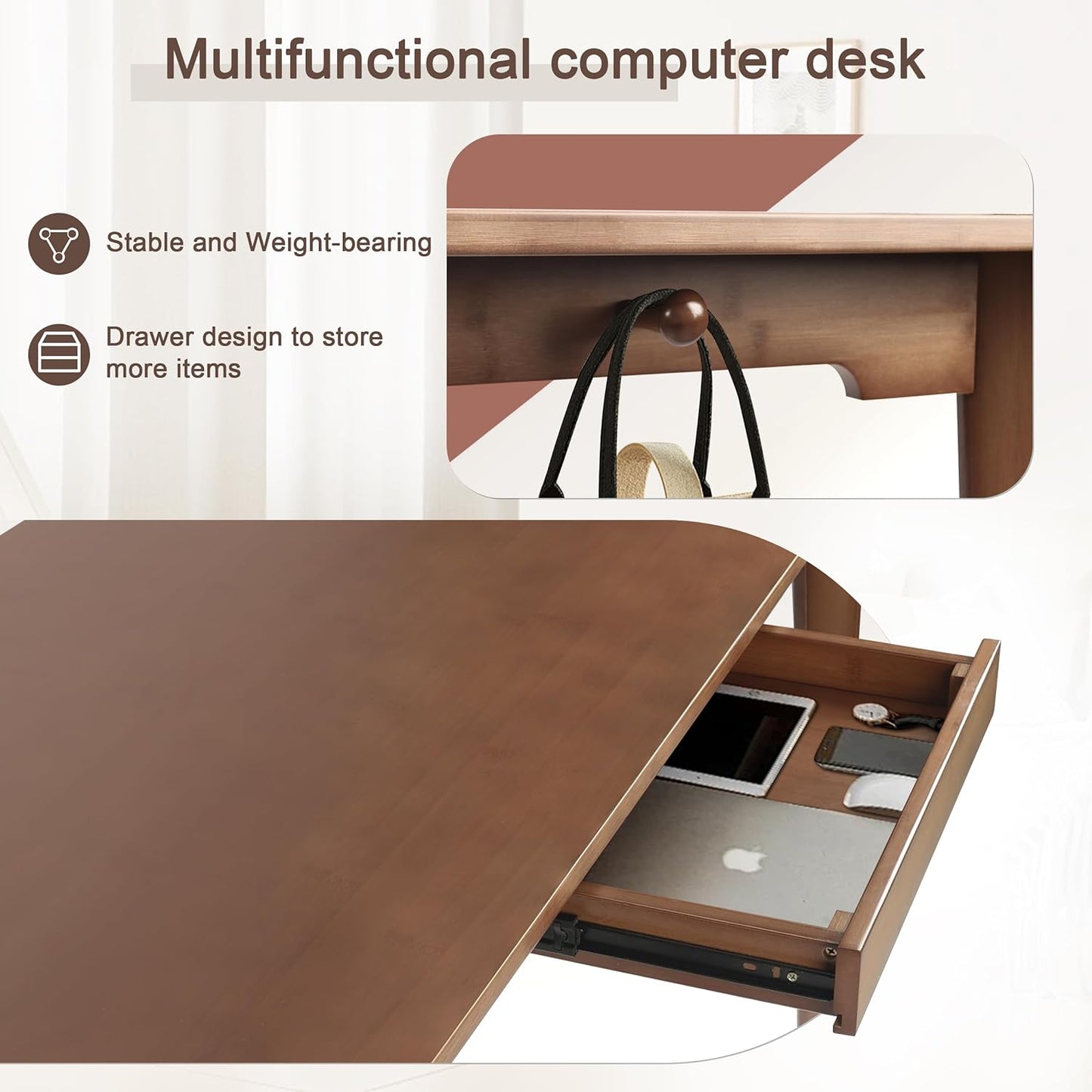 47" Bamboo Multipurpose Study Writing Desk with Drawer, Modern Simple Computer & Laptop Table Dining Table for Bedroom, Living Room, Home and Office, Kitchen，Walnut