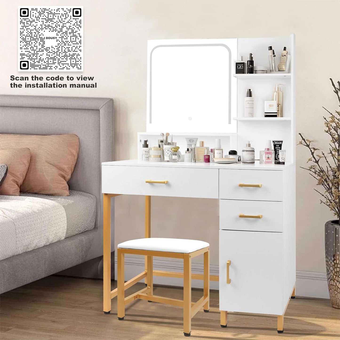 Makeup Vanity Desk with Mirror & Lights, Vanity Table Set with Storage Drawers, Shelves, Cabinet & Stool, Bedroom Dressing Table with 3 Color Light Adjustable, White