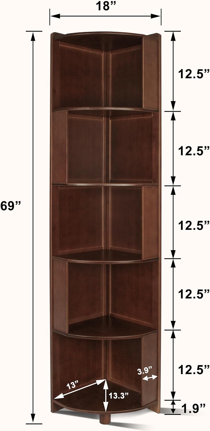 5 Tier Bamboo Corner Shelf, Modern Corner Bookshelf, 69" Tall Stylish Book Case Display Rack Plant Stand for Living Room, Bedroom, Home Office, Kitchen, Walnut