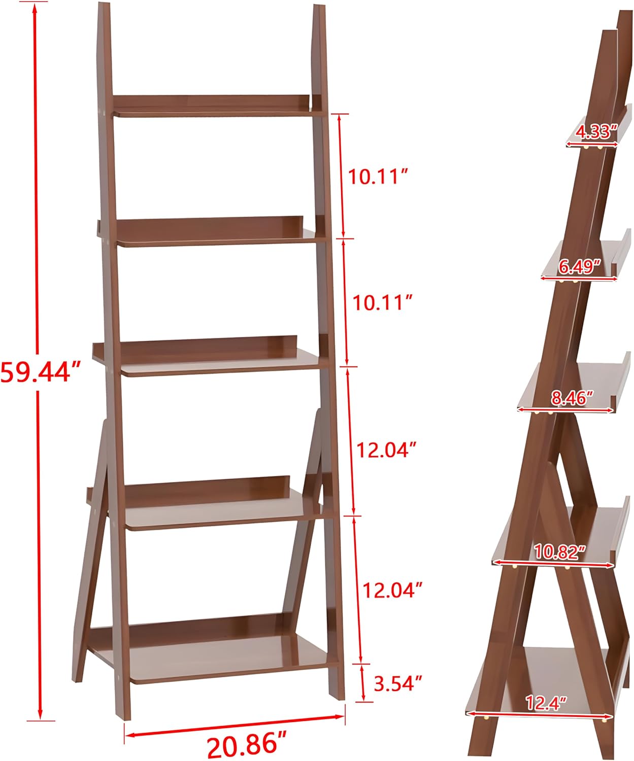 5-Tier Ladder Shelf Bookcase, Bamboo Ladder Bookshelf Leaning Bookshelf, Freestanding Storage Shelf Boho Bookshelf for Living Room, Home Office, Bedroom, Balcony, Walnut