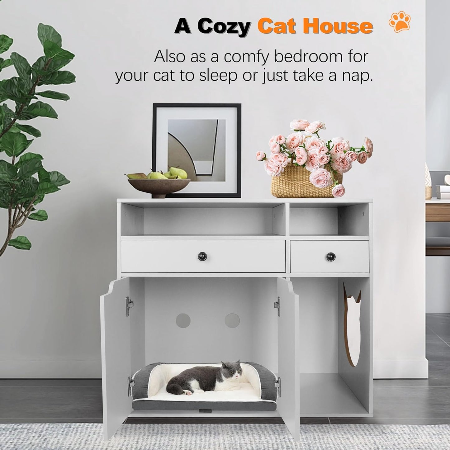 Wooden Cat Litter Box Enclosure, Hidden Litter Box Furniture Enclosed Cat Washroom Storage Cabinet with Storage Drawers, Open Compartments, Air Vents, for Living Room, Bedroom, Grey