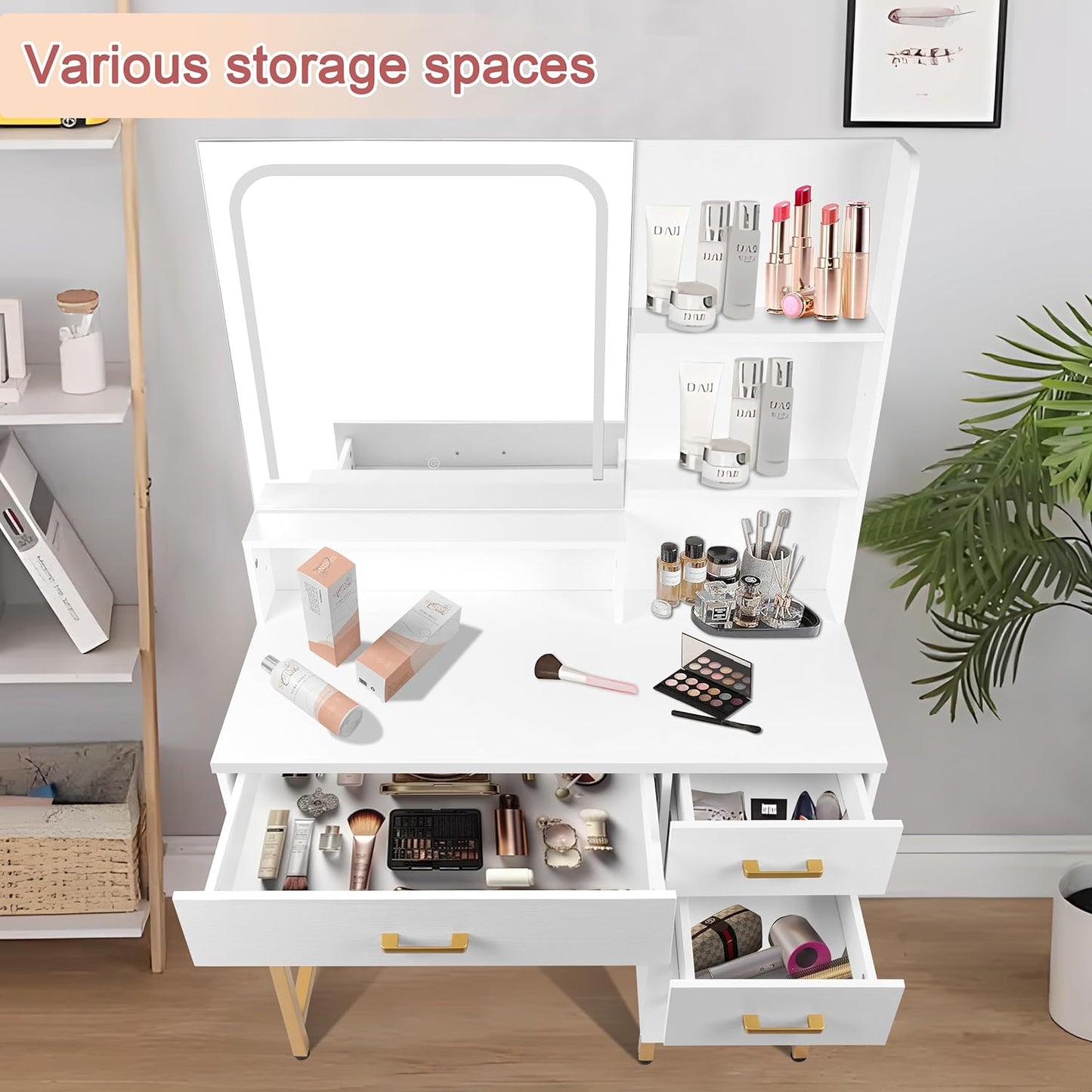 Makeup Vanity Desk with Mirror & Lights, Vanity Table Set with Storage Drawers, Shelves, Cabinet & Stool, Bedroom Dressing Table with 3 Color Light Adjustable, White