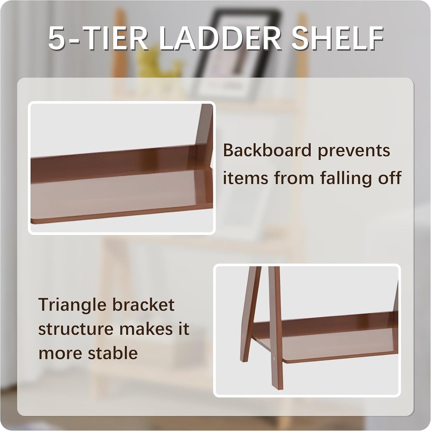 5-Tier Ladder Shelf Bookcase, Bamboo Ladder Bookshelf Leaning Bookshelf, Freestanding Storage Shelf Boho Bookshelf for Living Room, Home Office, Bedroom, Balcony, Walnut