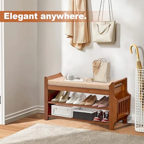 Shoe Storage Bench for Entryway, Bamboo Entryway Bench with Hidden Drawer and Side Brackets,2-Tier Shoe Rack Organizer for Entryway, Hallway,Bedroom and Bathroom…