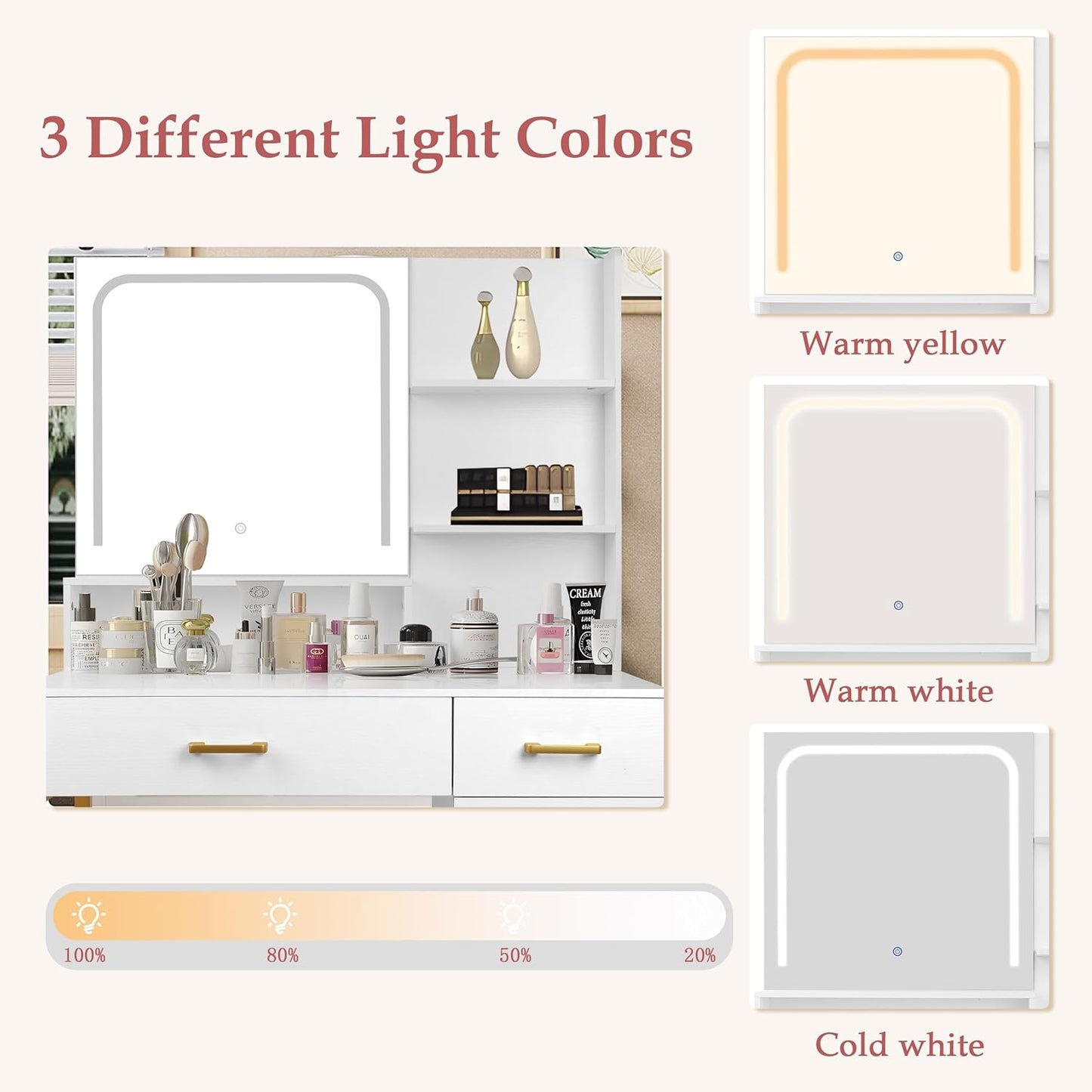 Makeup Vanity Desk with Mirror & Lights, Vanity Table Set with Storage Drawers, Shelves, Cabinet & Stool, Bedroom Dressing Table with 3 Color Light Adjustable, White