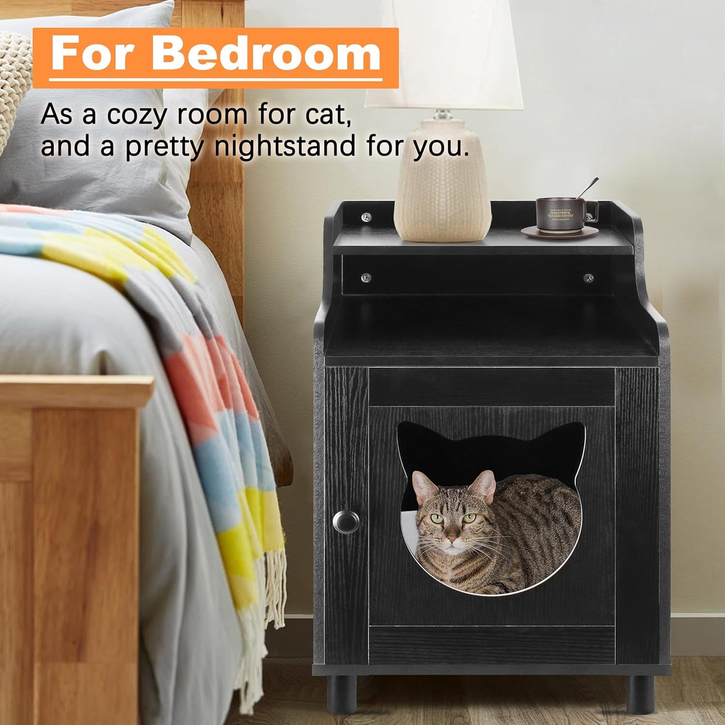 DOUSY- Small Wooden Cat Litter Box Enclosure, Hidden Litter Box Furniture Enclosed Cat Washroom Storage Cabinet, Side Table, Nightstand, Indoor Pet House 15.8 x 15.8 x 24 Inches, Black