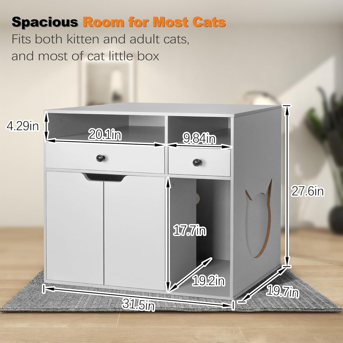 Wooden Cat Litter Box Enclosure, Hidden Litter Box Furniture Enclosed Cat Washroom Storage Cabinet with Storage Drawers, Open Compartments, Air Vents, for Living Room, Bedroom, Grey