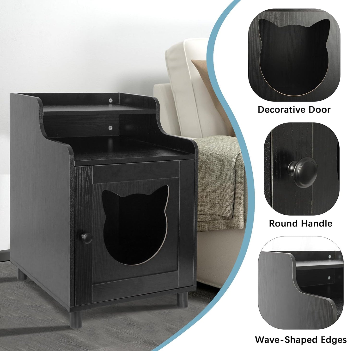 DOUSY- Small Wooden Cat Litter Box Enclosure, Hidden Litter Box Furniture Enclosed Cat Washroom Storage Cabinet, Side Table, Nightstand, Indoor Pet House 15.8 x 15.8 x 24 Inches, Black