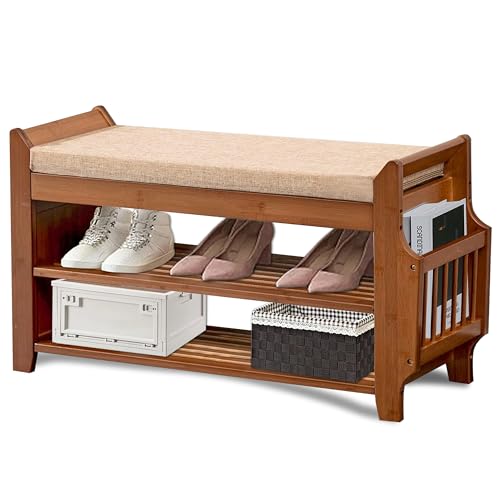 Shoe Storage Bench for Entryway, Bamboo Entryway Bench with Hidden Drawer and Side Brackets,2-Tier Shoe Rack Organizer for Entryway, Hallway,Bedroom and Bathroom…