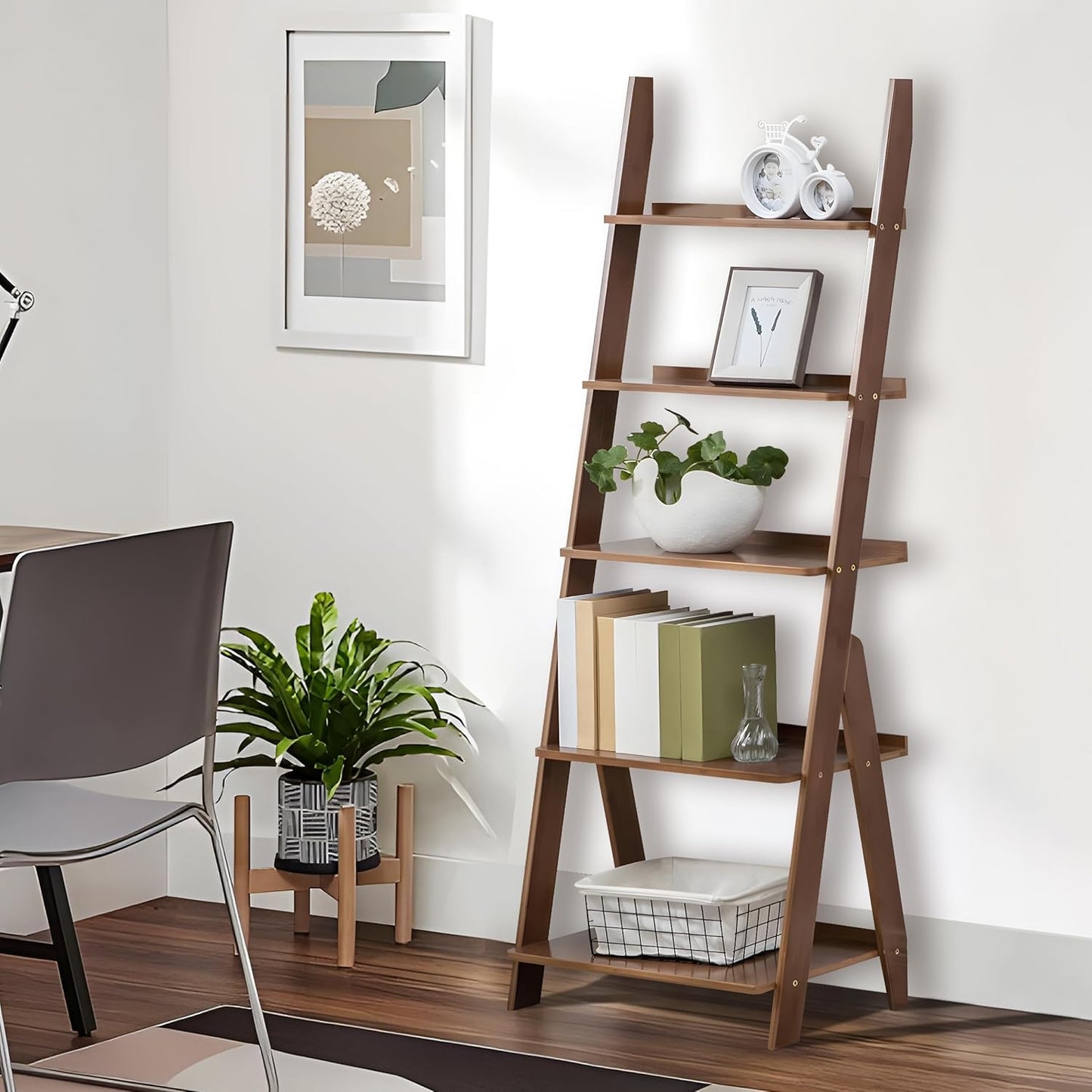 5-Tier Ladder Shelf Bookcase, Bamboo Ladder Bookshelf Leaning Bookshelf, Freestanding Storage Shelf Boho Bookshelf for Living Room, Home Office, Bedroom, Balcony, Walnut