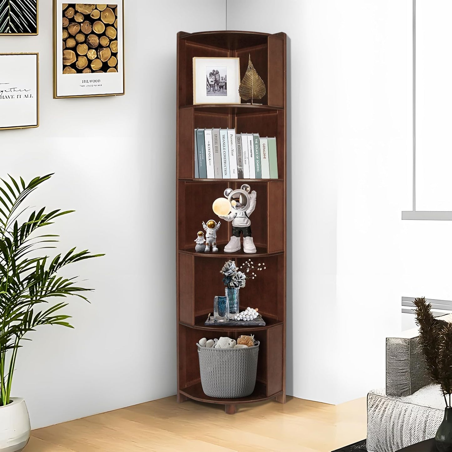 5 Tier Bamboo Corner Shelf, Modern Corner Bookshelf, 69" Tall Stylish Book Case Display Rack Plant Stand for Living Room, Bedroom, Home Office, Kitchen, Walnut