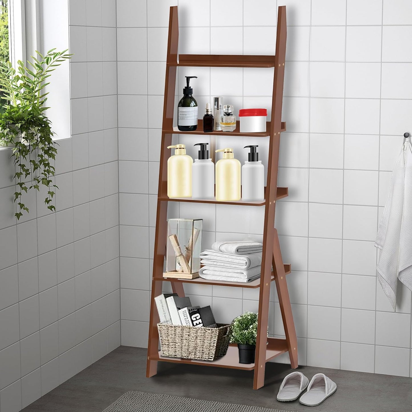 5-Tier Ladder Shelf Bookcase, Bamboo Ladder Bookshelf Leaning Bookshelf, Freestanding Storage Shelf Boho Bookshelf for Living Room, Home Office, Bedroom, Balcony, Walnut