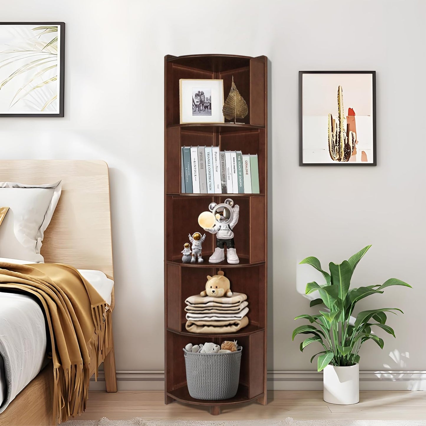 5 Tier Bamboo Corner Shelf, Modern Corner Bookshelf, 69" Tall Stylish Book Case Display Rack Plant Stand for Living Room, Bedroom, Home Office, Kitchen, Walnut