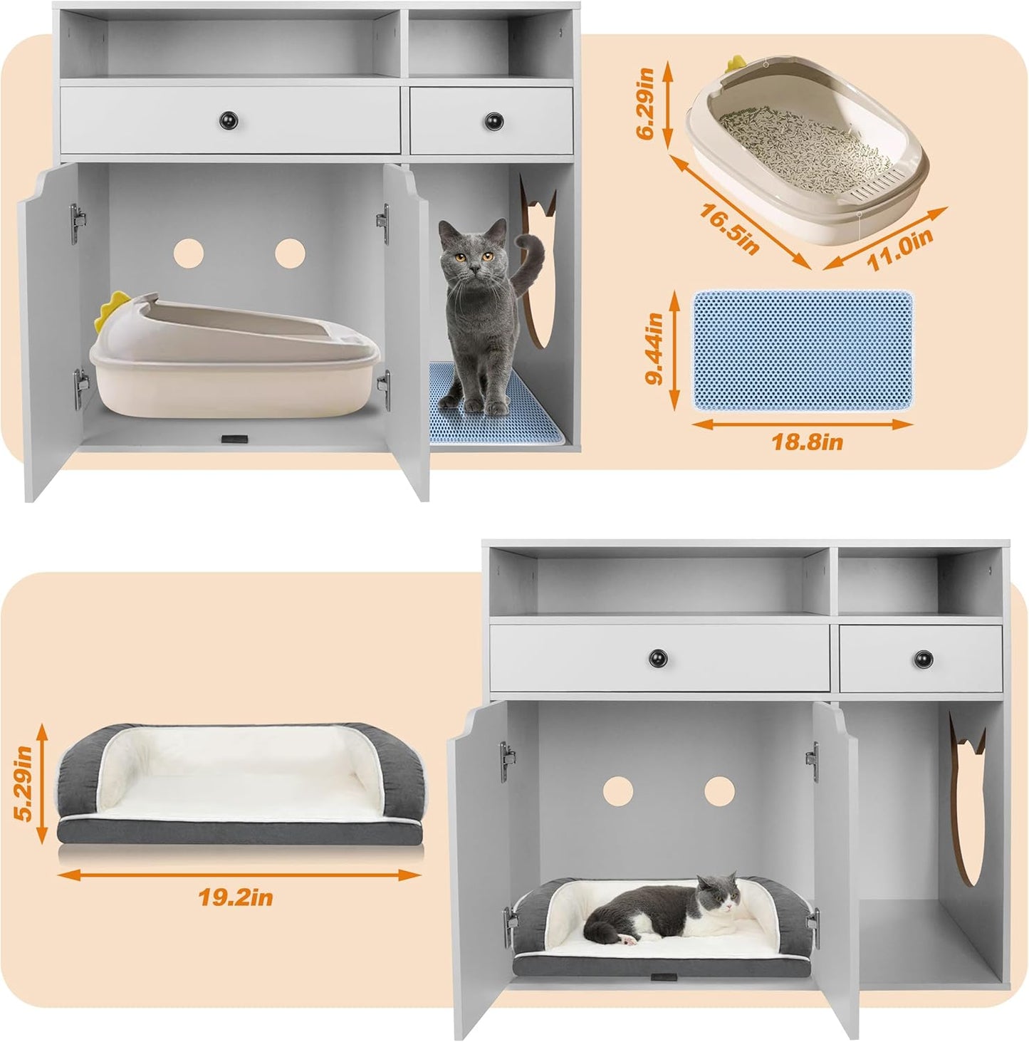 Wooden Cat Litter Box Enclosure, Hidden Litter Box Furniture Enclosed Cat Washroom Storage Cabinet with Storage Drawers, Open Compartments, Air Vents, for Living Room, Bedroom, Grey