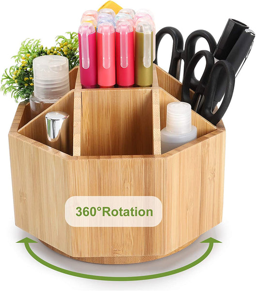 Bamboo Desktop Storage Unit, Office Stationery Box - 360 Degree Rotation, 9 grids