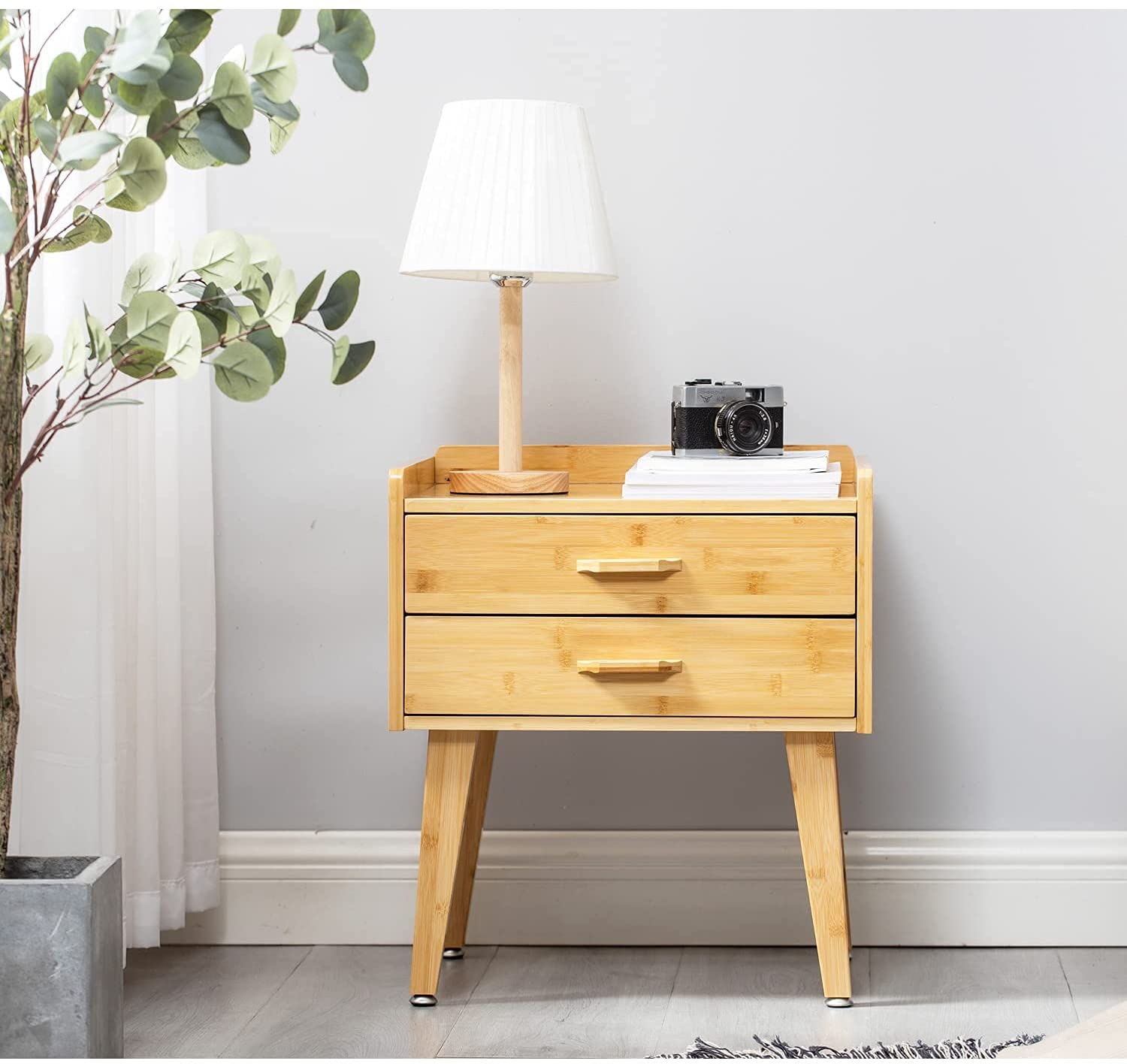Bamboo Nightstand / Side Table with Drawers (Walnut or Wood Color)
