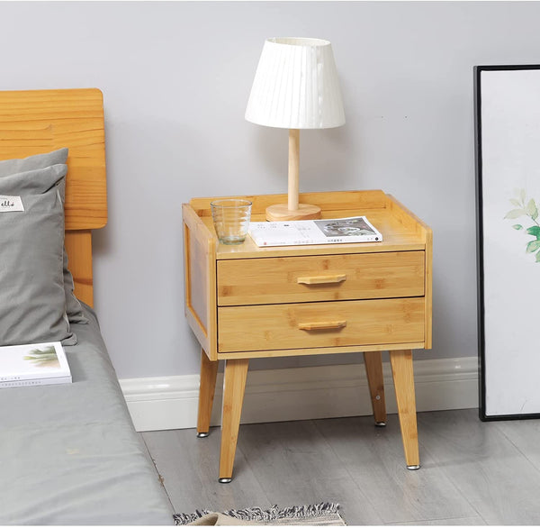 Bamboo Nightstand / Side Table with Drawers (Walnut or Wood Color)